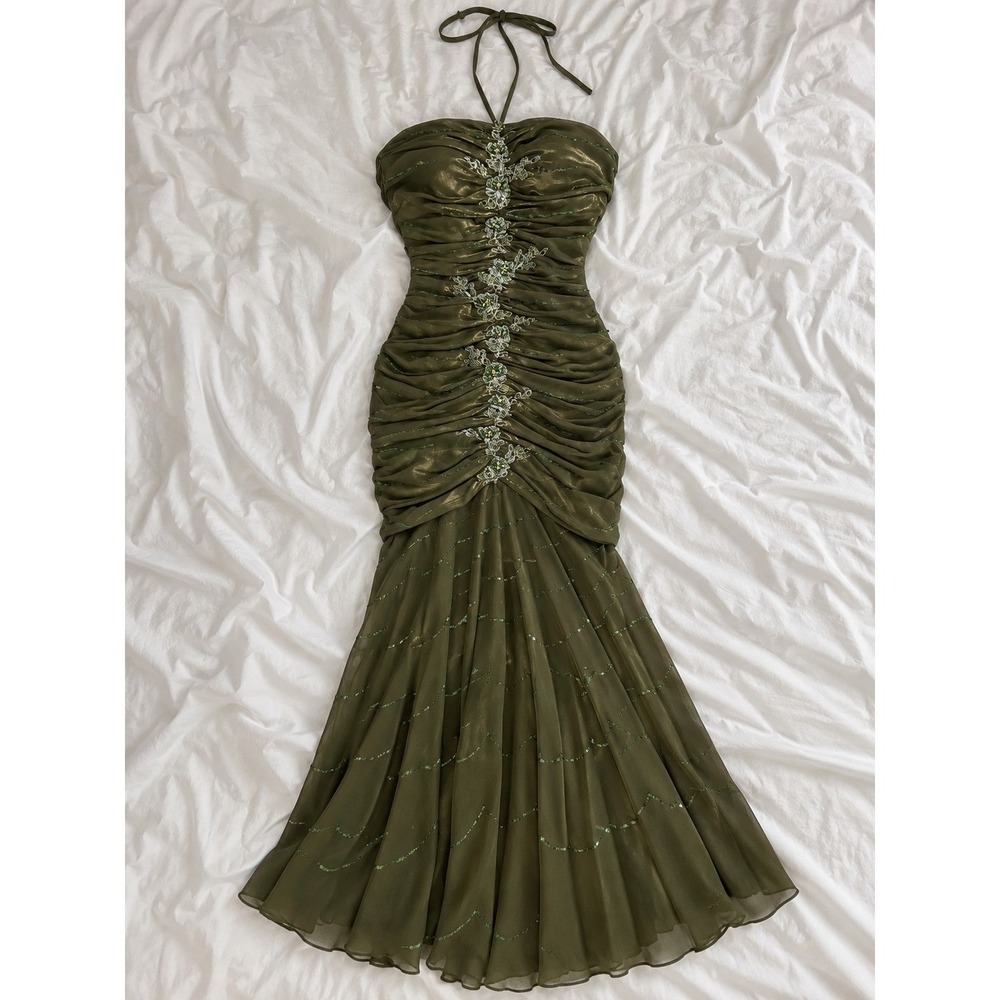 Basix II Green Mermaid Fairy Gown Size 4 Olive Green Beaded Ruched Halter Dress